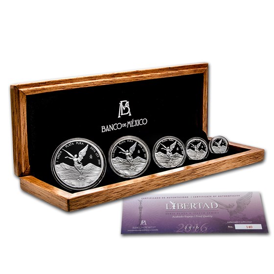 2016 Mexico 5-Coin Silver Libertad Proof Set (1.9 oz, Wood Box) 2016 Mexico 5-Coin Silver Libertad Proof Set (1.9 oz, Wood Box)